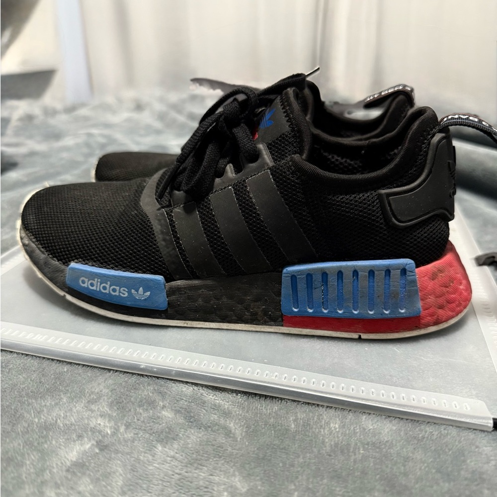 Adidas Black Sneakers with Blue and Red Accents